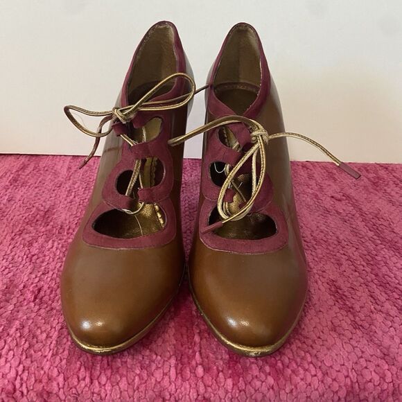 Leifsdottir Lace Up Leather Heels Brown Gold Burgundy Size 9B - Picture 3 of 11
